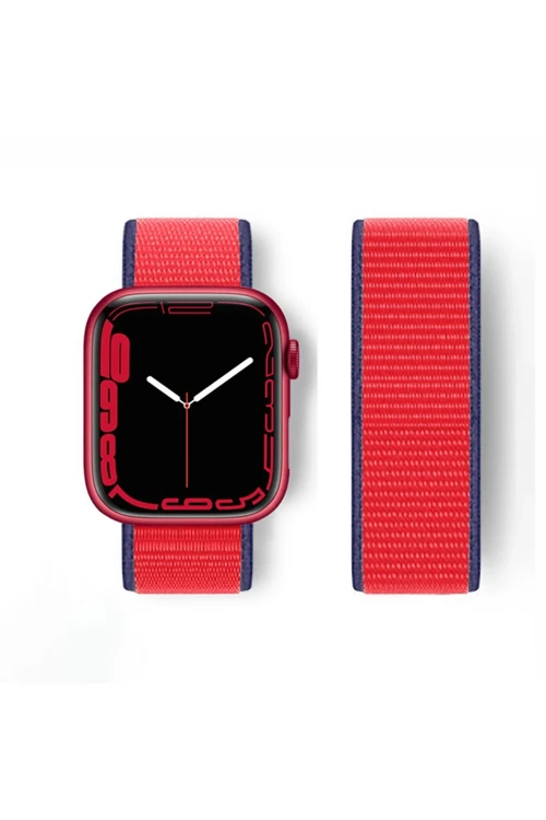 Apple Watch 38Mm Hasırlı Cırtcırtlı Kordon - Lacivert-Kırmızı