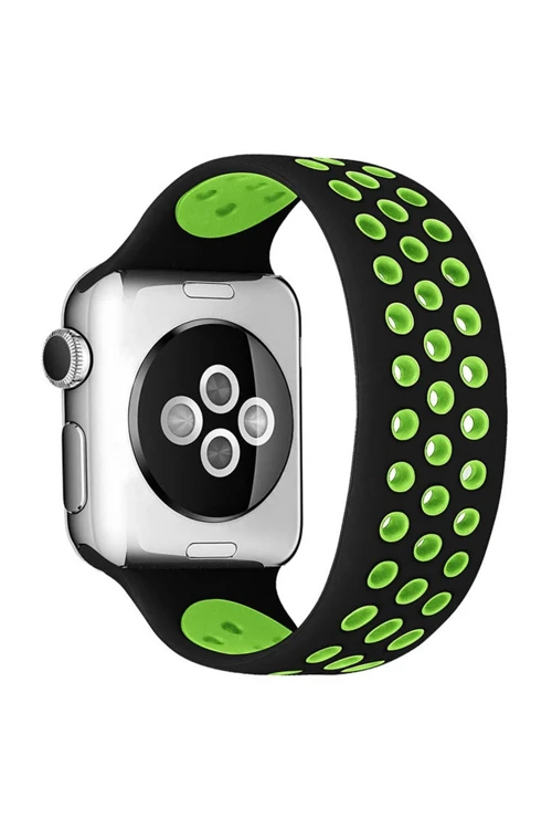 Apple Watch 42Mm Ayarlı Delikli Silikon Kordon - Siyah-Yeşil