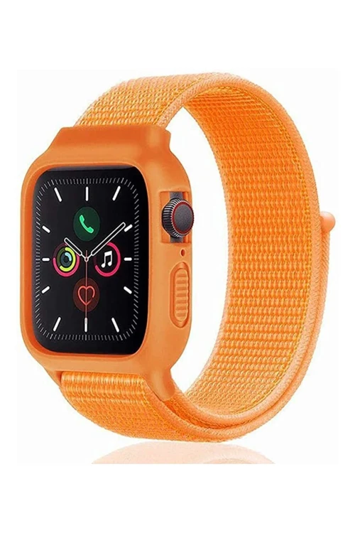 Apple Watch 42Mm Hasırlı Cırtcırtlı Kasalı Kordon - Turuncu
