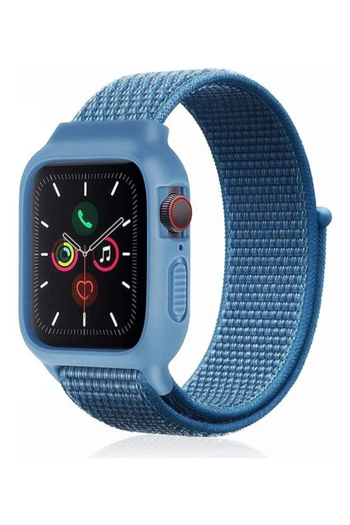 Apple Watch 42Mm Hasırlı Cırtcırtlı Kasalı Kordon - Mavi