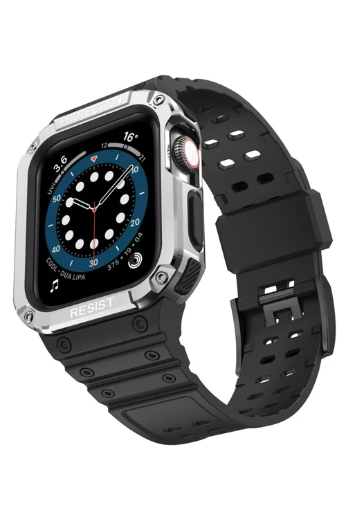 Apple Watch 42Mm Kr401 Silikon Kordon - Siyah-Gümüş