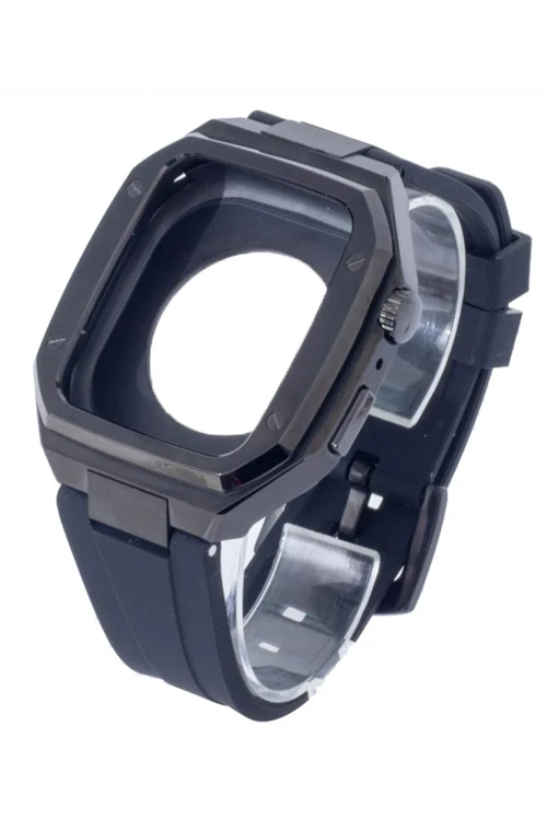 Apple Watch 44Mm Kr402 Metal Kasa Silikon Kordon - Siyah