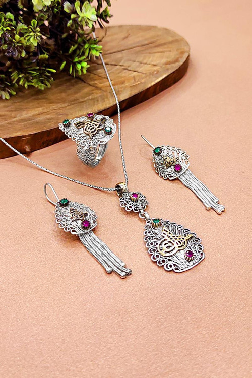 Tuğralı Oksitli Telkari Gümüş Set 925 Ayar Otantik Kolye Küpe Ayarlanabilir Yüzük AKS-2099