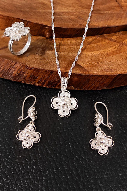 Yonca Modeli El Yapımı Telkari Gümüş Set Takım Yüzük Küpe Kolye SET-314
