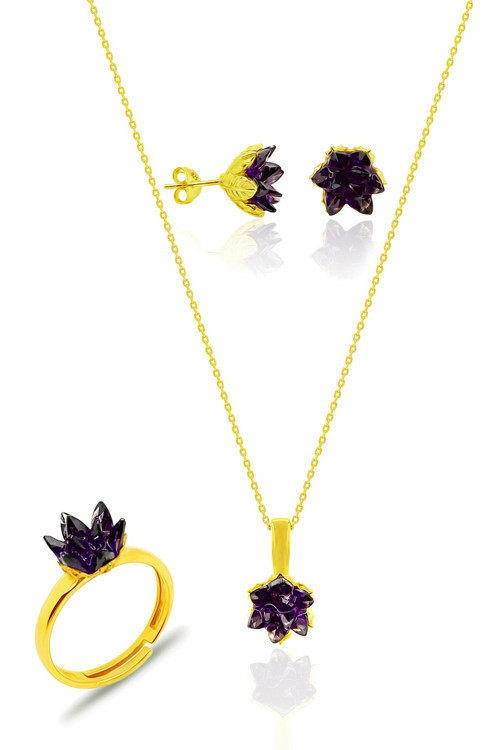 Lotus Çiçeği Gümüş Yaldızlı Ametist Taşlı Set Küpe Kolye Ayarlamalı Yüzük SET-419