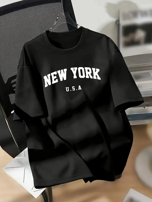 20/1 Penye Compack New York Baskılı Oversize Kısa Kol Bisiklet Yaka T-shirt - Siyah