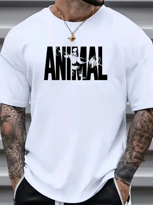 Animal Desen Baskı Oversive Tişört, Sporda Ve Günlük Giyime Uygun - Beyaz