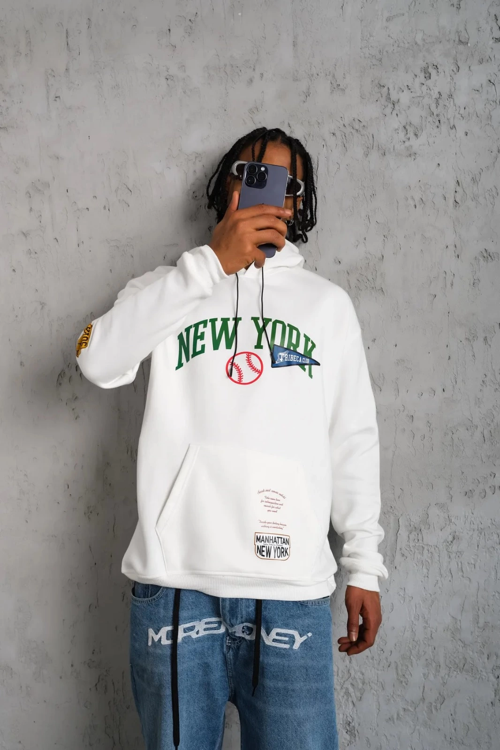 Baskılı Kapüşonlu Sweatshirt - Beyaz