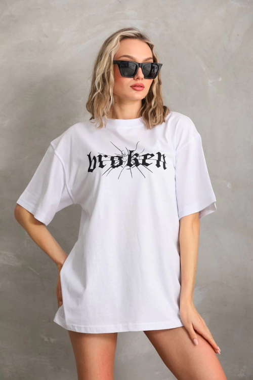 Baskılı Oversize T-Shirt - Beyaz