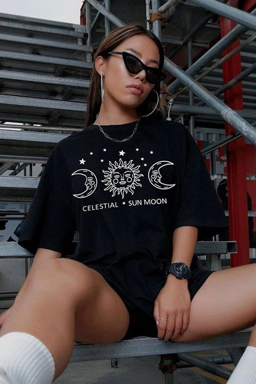 Baskılı Oversize T-Shirt - Siyah