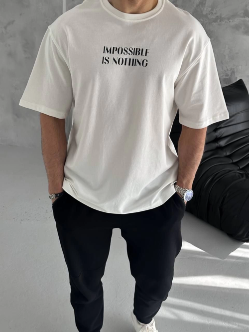 Bisiklet Yaka Baskılı Oversize T-Shirt - Beyaz