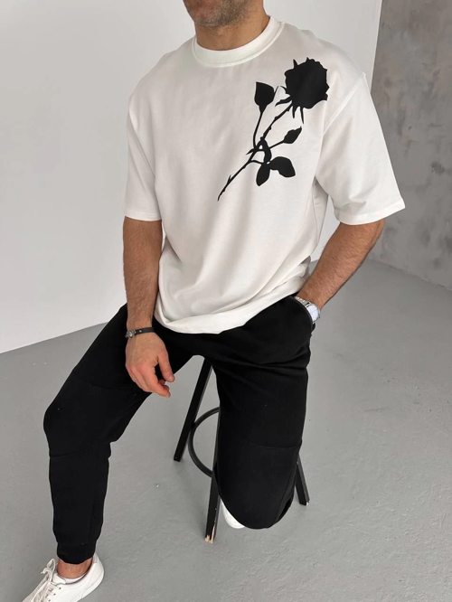 Bisiklet Yaka Baskılı Oversize T-Shirt - Beyaz