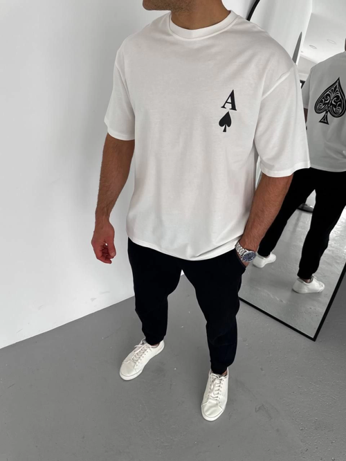 Bisiklet Yaka Baskılı Oversize T-Shirt - Beyaz