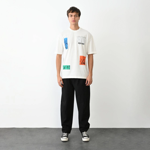 Bisiklet Yaka Baskılı Oversize T-Shirt - Beyaz