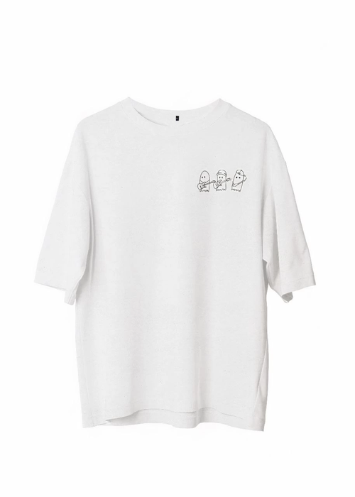 Bisiklet Yaka Baskılı Oversize T-Shirt - Beyaz
