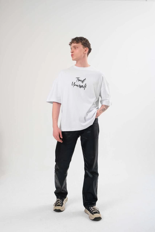 Bisiklet Yaka Baskılı Oversize T-Shirt - Beyaz