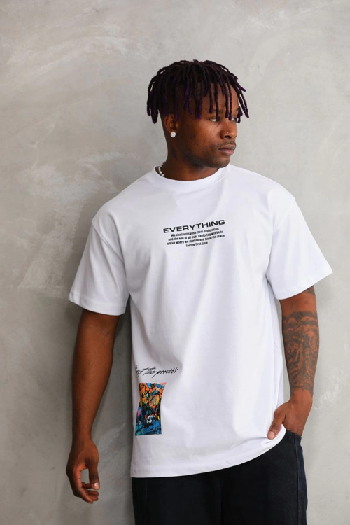 Bisiklet Yaka Baskılı Oversize T-Shirt - Beyaz