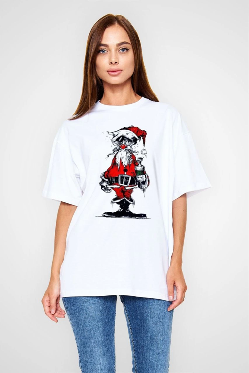 Bisiklet Yaka Baskılı Oversize T-Shirt - Beyaz