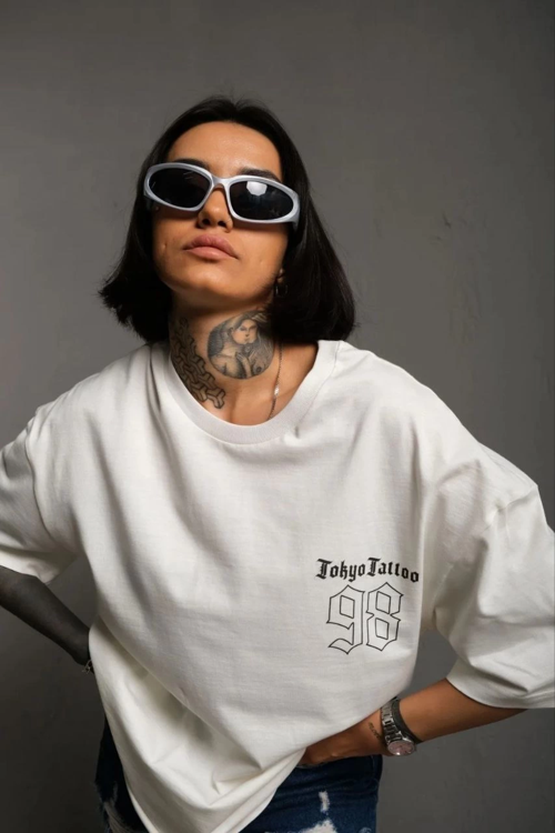 Bisiklet Yaka Baskılı Oversize T-Shirt - Beyaz