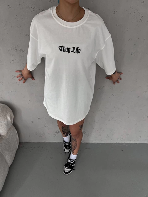 Bisiklet Yaka Baskılı Oversize T-Shirt - Beyaz