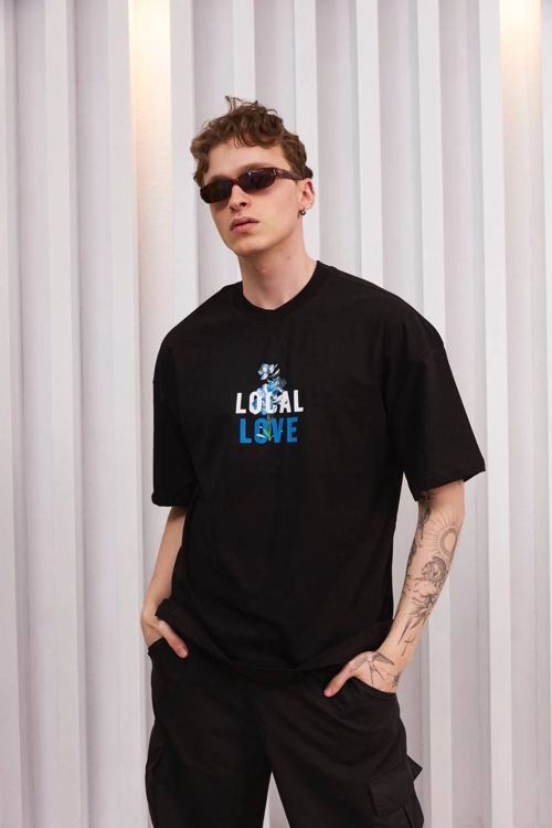 Bisiklet Yaka Baskılı Oversize T-Shirt - Siyah