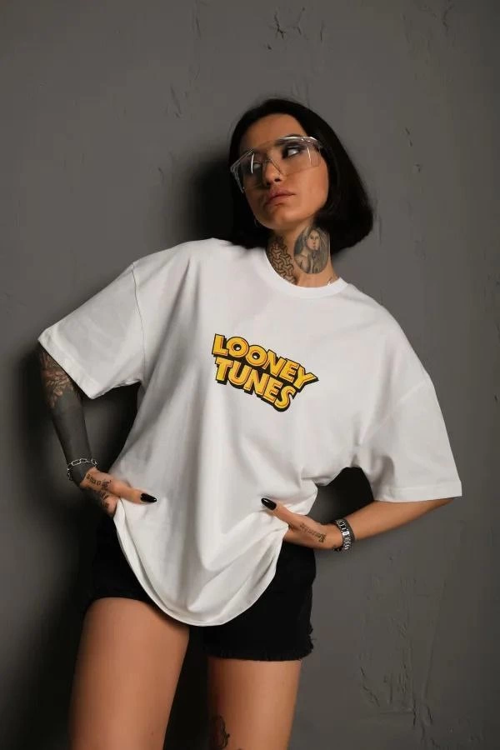 Bisiklet Yaka Baskılı Oversize T-Shirt - Beyaz
