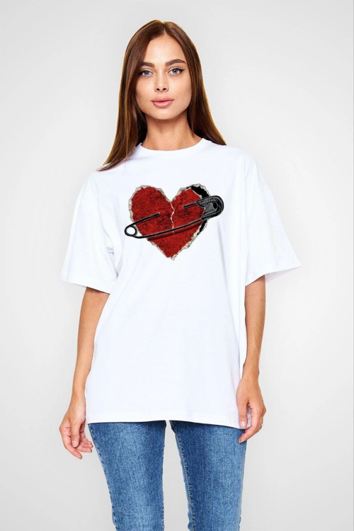 Bisiklet Yaka Baskılı Oversize T-Shirt - Beyaz