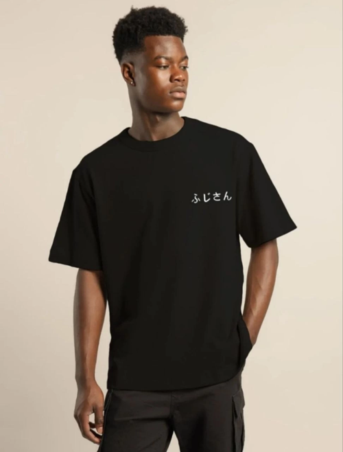 Bisiklet Yaka Baskılı Oversize T-Shirt - Siyah