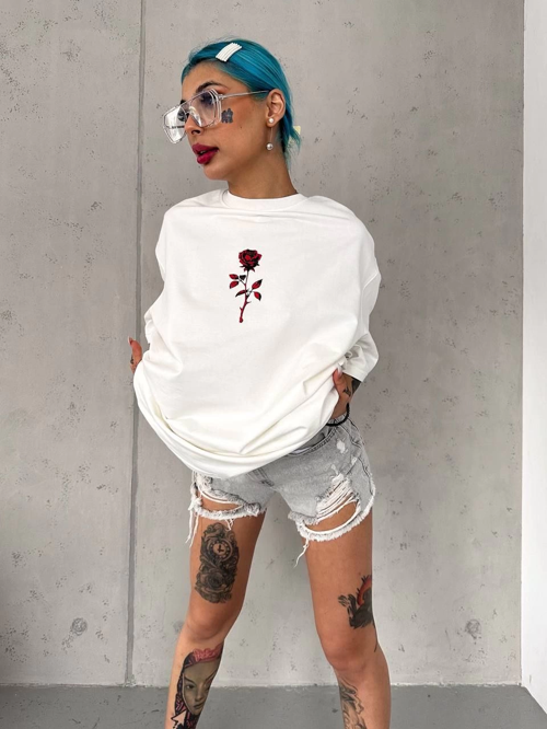 Bisiklet Yaka Baskılı Oversize T-Shirt - Beyaz