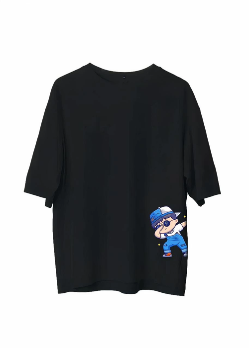 Bisiklet Yaka Baskılı Oversize T-Shirt - Siyah
