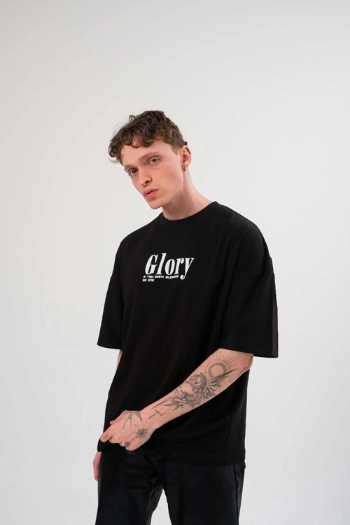 Bisiklet Yaka Baskılı Oversize T-Shirt - Siyah