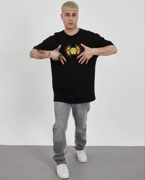 Bisiklet Yaka Baskılı Oversize T-Shirt - Siyah
