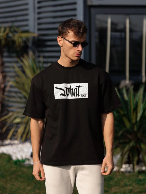 Bisiklet Yaka Baskılı Oversize T-Shirt - Siyah