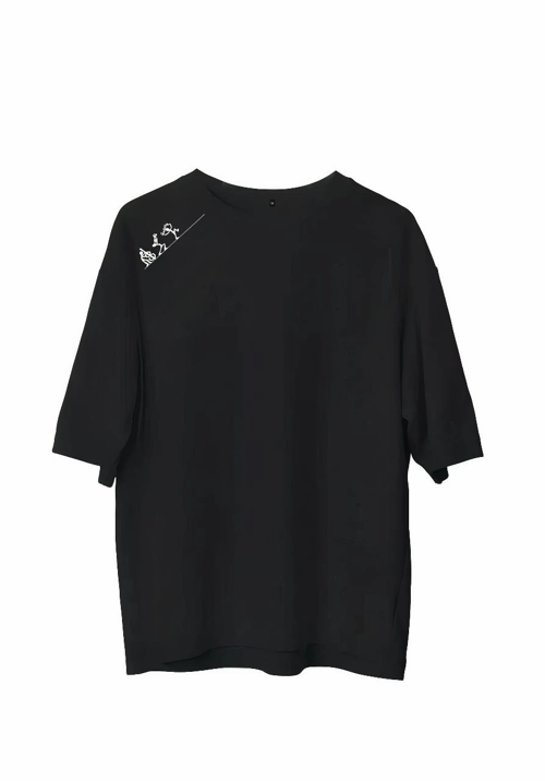 Bisiklet Yaka Baskılı Oversize T-Shirt - Siyah