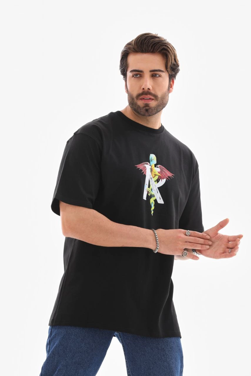 Bisiklet Yaka Baskılı Oversize T-Shirt - Siyah