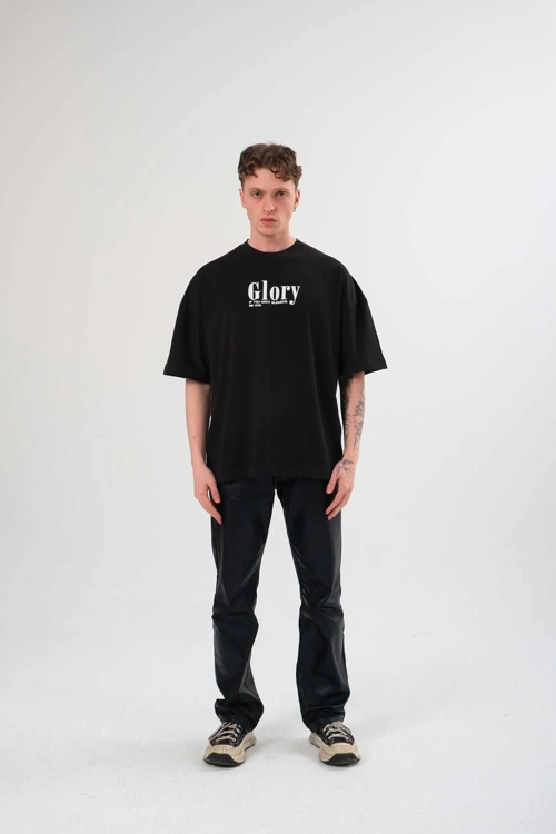 Bisiklet Yaka Baskılı Oversize T-Shirt - Siyah