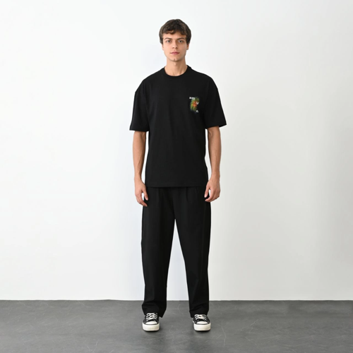 Bisiklet Yaka Baskılı Oversize T-Shirt - Siyah