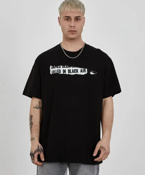 Bisiklet Yaka Baskılı Oversize T-Shirt - Siyah