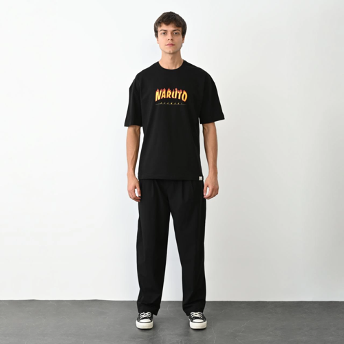 Bisiklet Yaka Baskılı Oversize T-Shirt - Siyah