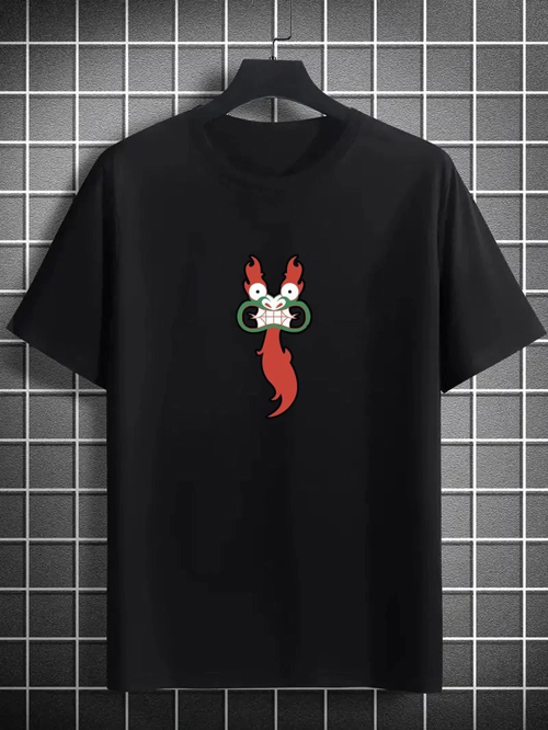 Bisiklet Yaka Baskılı Oversize T-Shirt - Siyah
