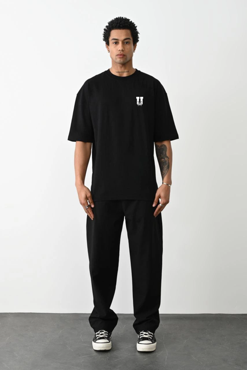 Bisiklet Yaka Baskılı Oversize T-Shirt - Siyah