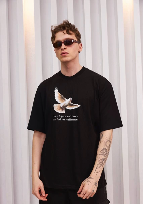 Bisiklet Yaka Baskılı Oversize T-Shirt - Siyah