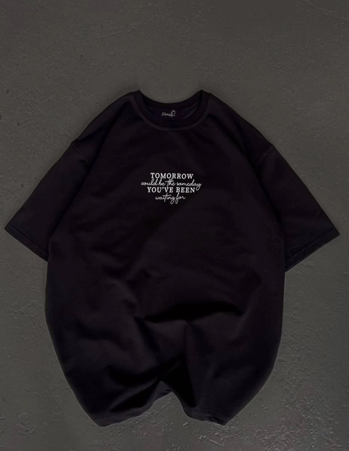 Bisiklet Yaka Baskılı Oversize T-Shirt - Siyah
