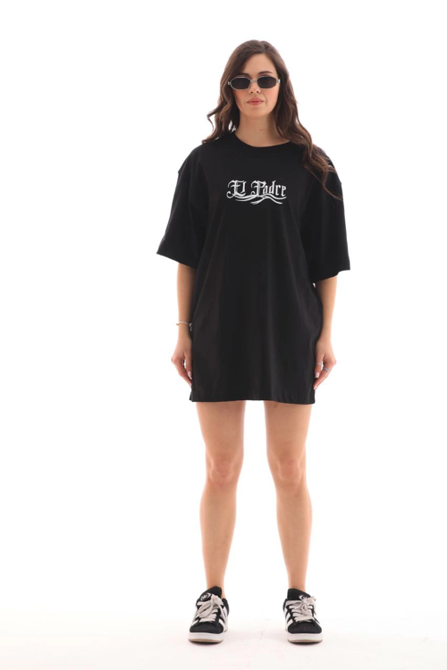 Bisiklet Yaka Baskılı Oversize T-Shirt - Siyah