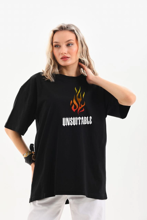Bisiklet Yaka Baskılı Oversize T-Shirt - Siyah