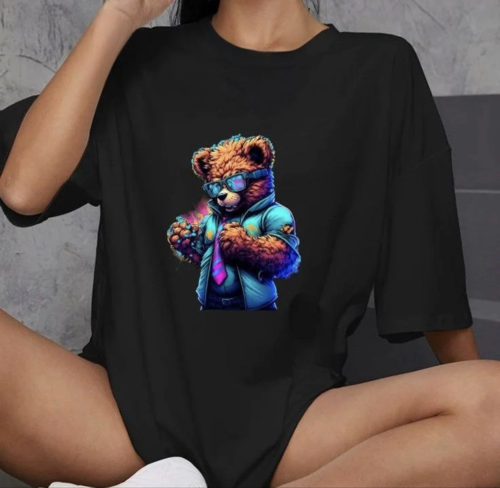 Bisiklet Yaka Baskılı Oversize T-Shirt - Siyah