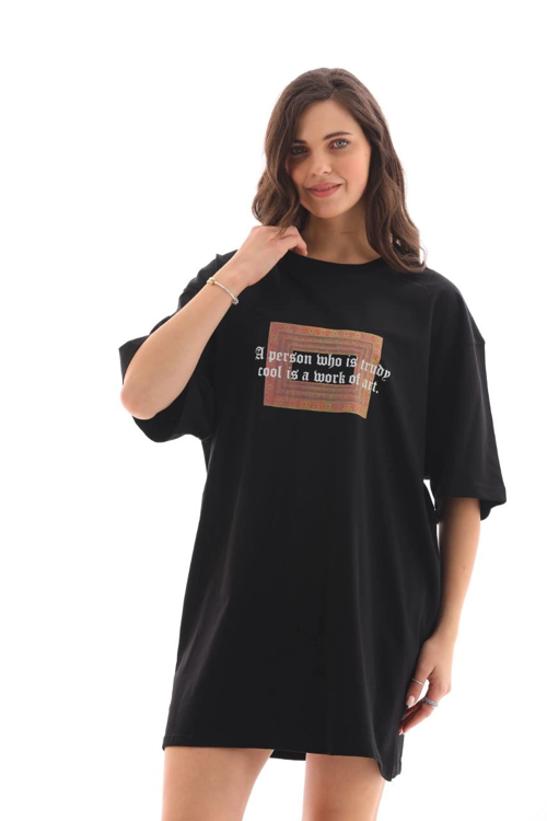 Bisiklet Yaka Baskılı Oversize T-Shirt - Siyah