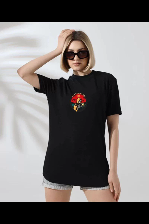 Bisiklet Yaka Baskılı T-Shirt - Siyah
