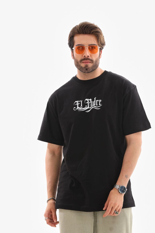Bisiklet Yaka Baskılı Oversize T-Shirt - Siyah