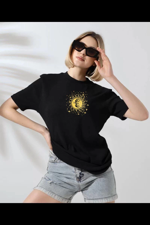 Bisiklet Yaka Baskılı T-Shirt - Siyah